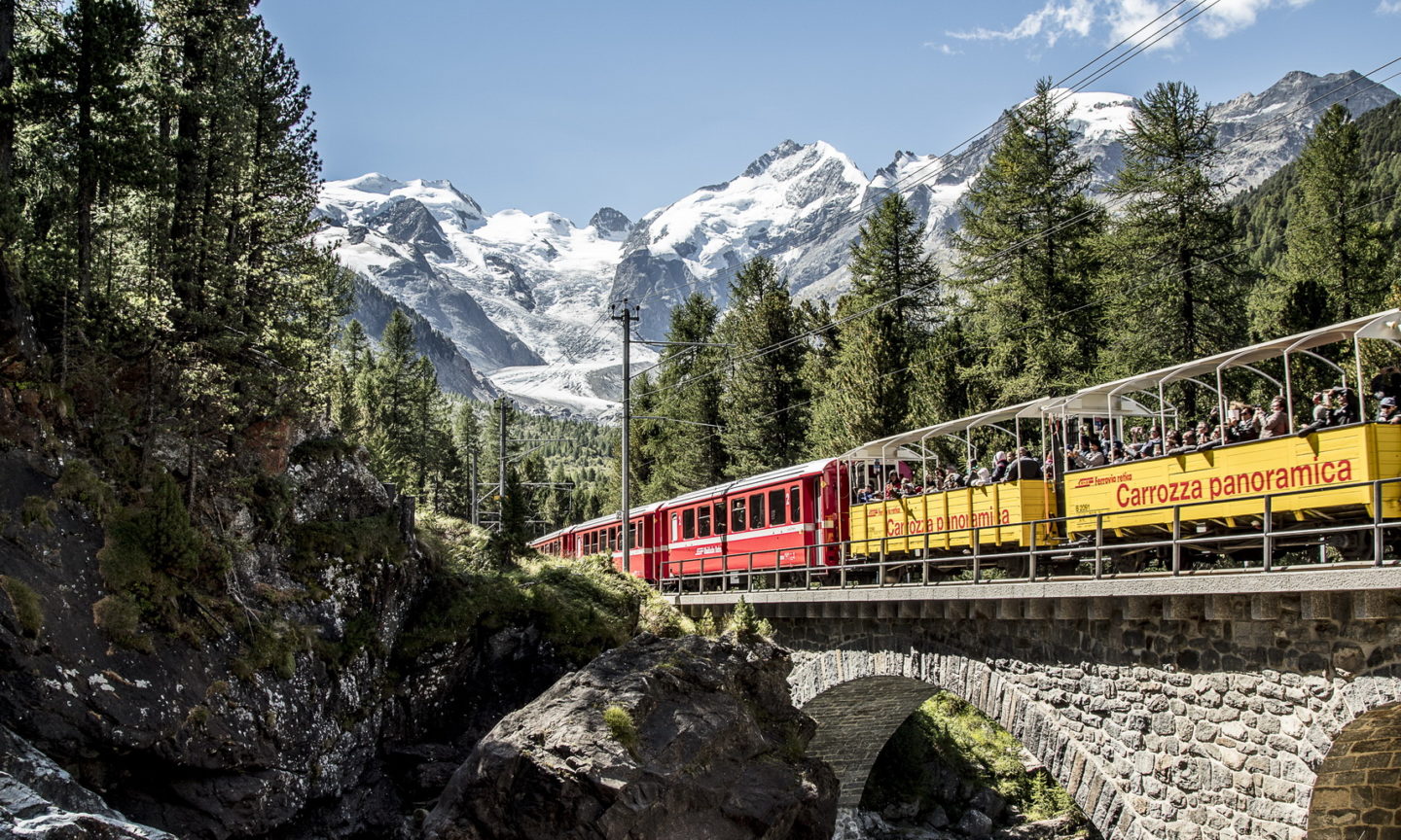 Enjoy stunning views from the panoramic observation cars of the Bernina Express
