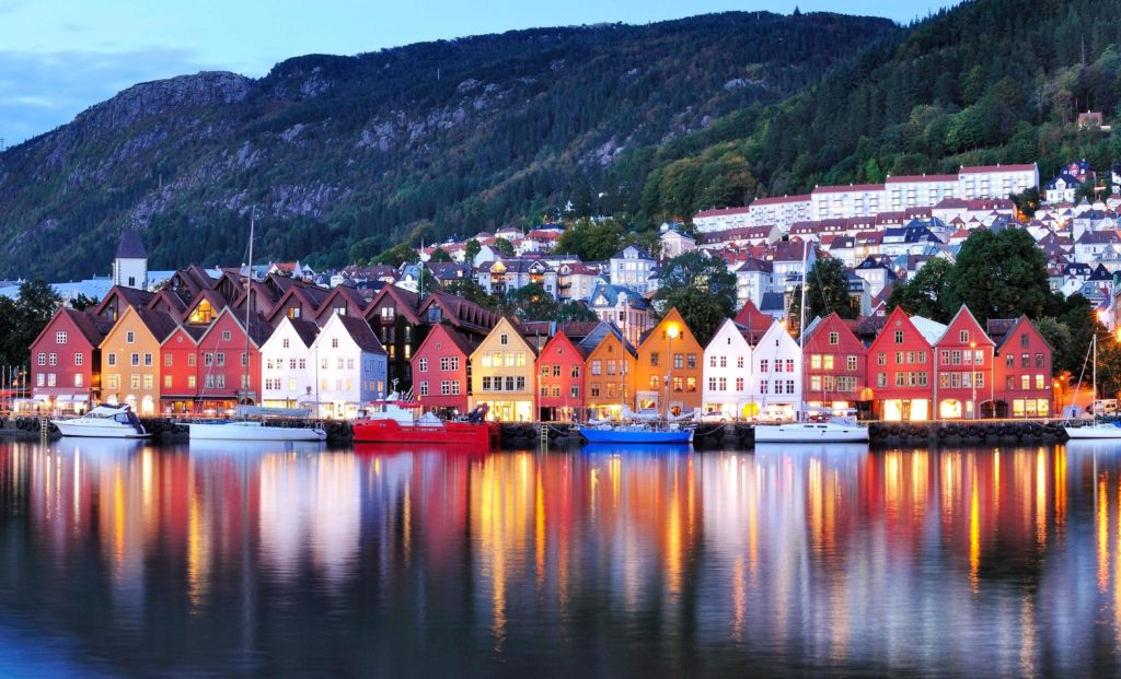 Famous Bryggen street with wooden colored houses in Bergen, Norway
