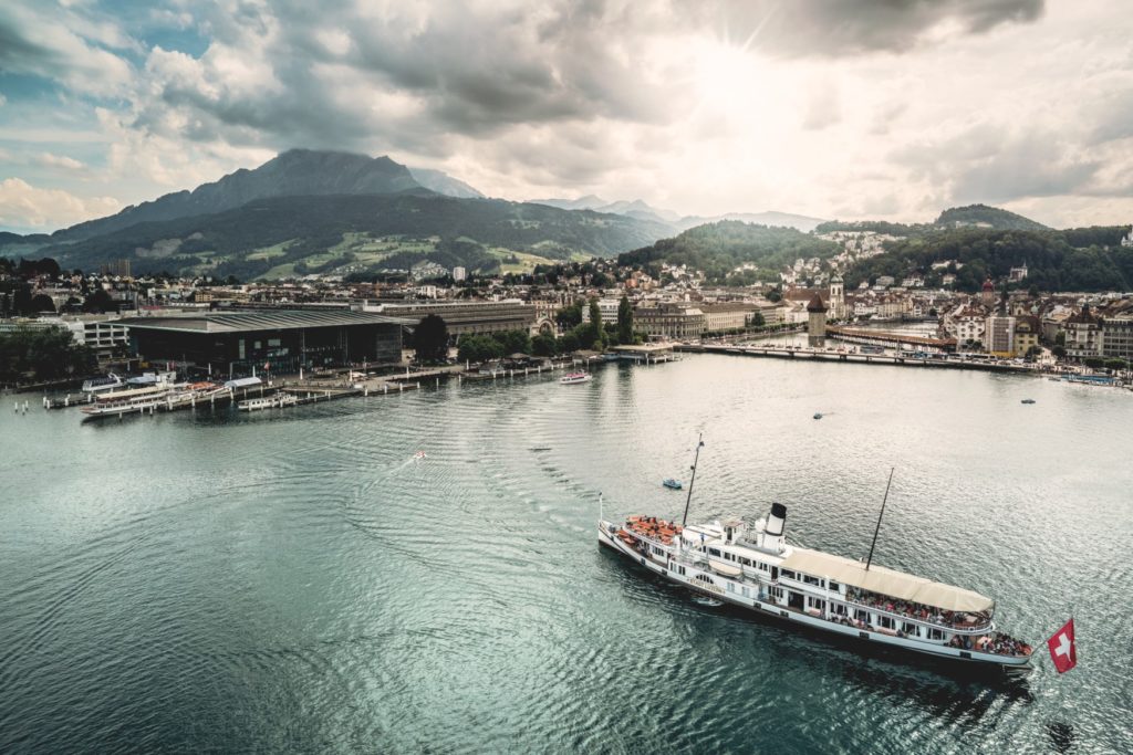 KKL aerial view with Mount Pilatus in the background, Lucerne, Switzerland.