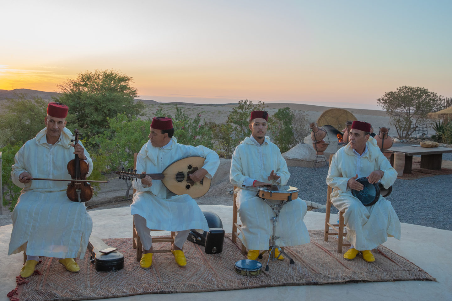A local band plays typical music during an event in the Moroccan desert.
