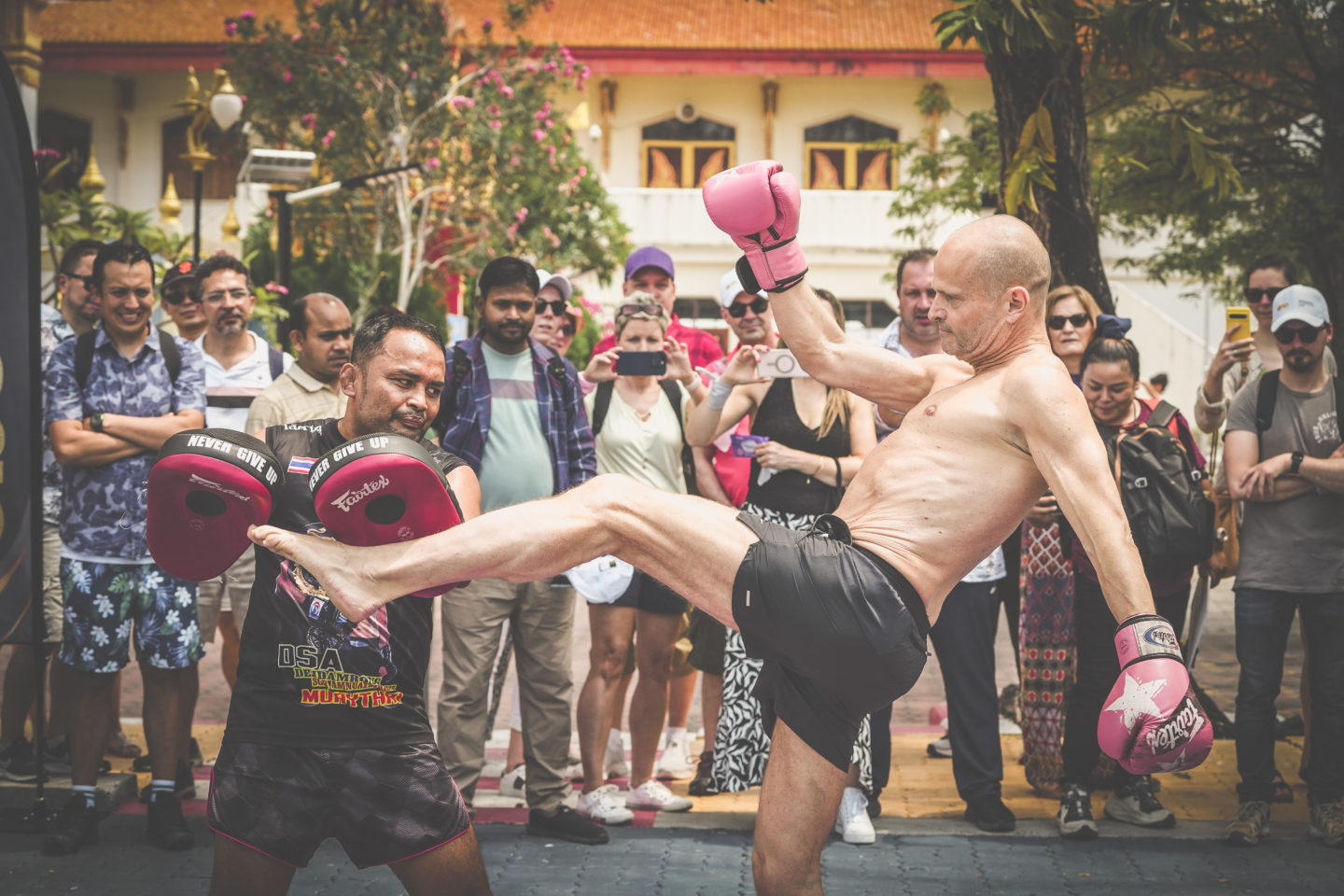 A man shows his skills during a Thai boxing performance in Phuket, Thailand.