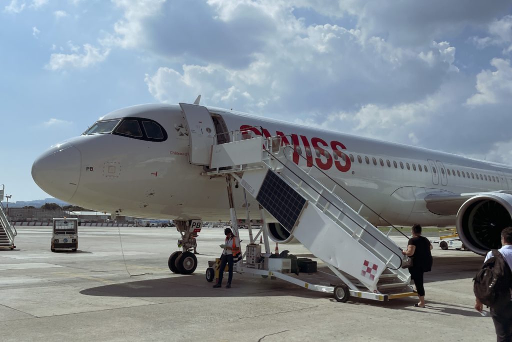 A Swiss plane ready for boarding.